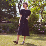 シングルボタンリネンパフドレス / Single Button Linen Puff Dress