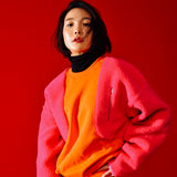 [UNISEX] Panelled Faux-Shearling Sweatshirt (Orange) (6656340590710)