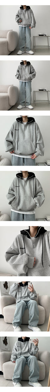 [Fleece] Eden Embroidered Color Coloring Half Zip-Up Hoodie