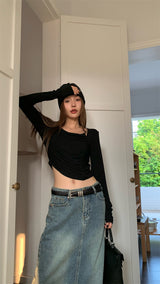 Must-have shirring long-sleeved T-shirt