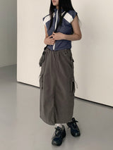 コットンポケットカーゴストリングバックオープンバンディングロングスカート /Mark cotton pocket cargo string back open banding long skirt