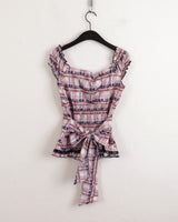 セリックヴィンテージチェックリボンキャップスリーブブラウス/Seric Vintage Check Bow Back Cap Sleeve Blouse