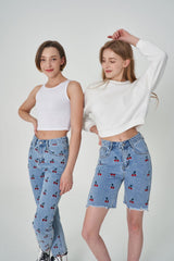 ストレートフィットチェリー刺繡クロップドデニムパンツ/ STRAIGHT FIT CHERRY EMBROIDERY CROPPED DENIM PANTS [6811]