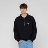 [UNISEX] White flower embroidery half zip-up clip Collar sweatshirt (6690661597302)