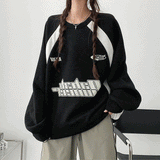 Chessey Hem String Coloring Loose Ribbed Sweatshirt