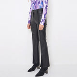 Faux-Leather Slit Trousers _ Black