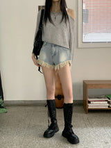 フリンジアンバランスデニムショートパンツ / Kaichi Fringe Unbalanced Light Blue Denim Shorts Pants