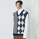 チェックニットベスト / Argyle & hound check knit vest navy