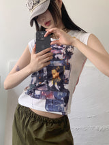 印刷スリーブレス /Otical Funky Double-Sided Printing Cap Sleeveless Cropped Sleeveless Short-Sleeved T-Shirt