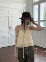 リンティーシフォンリネンフレアホルターリボンストラップノースリーブ / Linty chiffon linen flare holter ribbon strap sleeveless