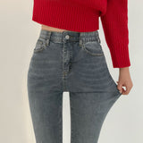 One-Button Whisker Washed Jeans