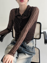 ルーティングウェーブシースルークロップ長袖ブラウス / Rooting wave see-through cropped long-sleeved blouse