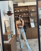 Belted light blue bootcut denim pants