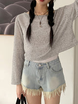 リードリネンボートネックビーチウェアクロップド長袖Tシャツ / Reid linen boat neck beach wear cropped long-sleeved T-shirt