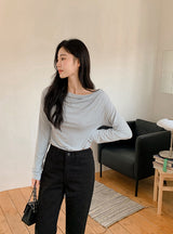 Drape Off Shoulder Long Sleeve T-shirt (5color)