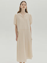 パフスリーブプリーツドレス / Puff sleeve pleated dress - Cream beige