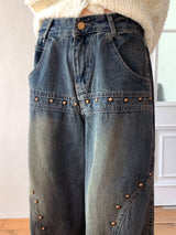 Pector Western Stud Embroidery Washed Long Wide Denim Pants