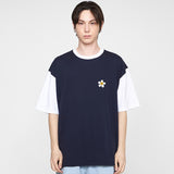 フラワードット刺繡 配色Tシャツ/Flower dot embroidery color combination short sleeve tee