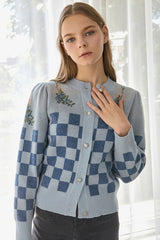 chess flower Jacquard 100%wool cardigan_new denim (6655892684918)