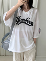 ヤンキースボクシーメッシュレタリングワッペンユニフォームVネックショートスリーブTシャツ