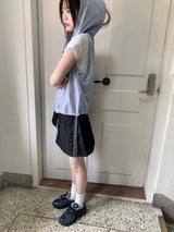ストリングフードナイロンジップアップベスト/Lola String Hood Nylon Zip-up Vest