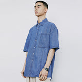フロントシームウォッシュドデニムシャツ / FRONT SEAM WASHED DENIM SHIRT LIGHTBLUE