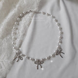 [IVE Rei Necklace] Three Ribbons Pearl Choker Necklace - Silver Color