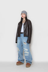 クロップレザーカーディガン / Crop leather cardigan