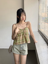 リペンチェックカップ付きシャーリングリボンストリングキャミソール / Lipen Check Cap-Included Shirring Ribbon String Sleeveless