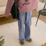 Turbin strap cargo pocket washing denim long wide pants