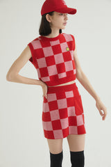 CHECKERBOARD KNIT MINI SKIRT RED (6608602169462)