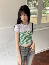 ストライプリボン レイヤード スパンチューブトップ タンクトップ /Opin Stripe Ribbon Layered Spandex Tube Top Tank Top