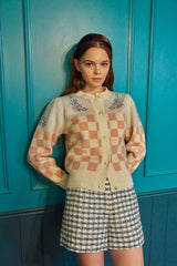 chess flower Jacquard 100%wool cardigan_honeysuckle (6655892029558)
