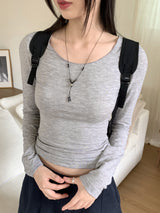 フューニングベーシックプレーンラウンドクロップドロングスリーブTシャツ