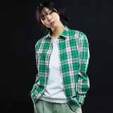 オーバーフィット格子縞チェックシャツ/OVERFIT PLAID CHECK SHIRT-GREEN+PINK