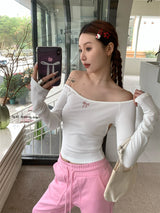 リボンオフショルダーバックレス長袖Tシャツ