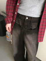 テイシングキャットウォッシングポケットワイドデニムパンツ