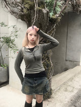 vintage layered unbalanced cargo denim pantskirt
