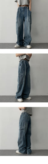 バンディングウォッシングカーゴデニムワイドパンツ / banding washing cargo denim wide pants