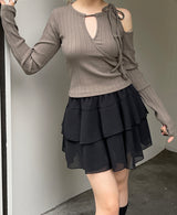 ディテールスリットリボンリブドTシャツ / Detail Slit Ribbon ribbed T-Shirt