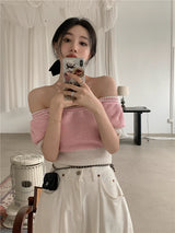 オフショルダーショートスリーブニット