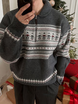 メリークリスマスウール40%セミジップアップニット