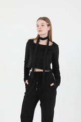 Square Neck Fur Knit T-shirt Muffler Set Black