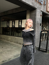 grunge washing off-shoulder crop two-way zip-up