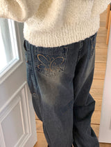 Pector Western Stud Embroidery Washed Long Wide Denim Pants