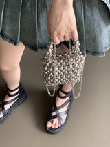 フェディンメタルパールビーズパールトートクロスバッグ/Pedin Metal Pearl Bead Pearl Tote Crossbody Bag