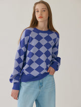 (KT-22133)CHECKER BOARD KNIT PUPPLE (6672345432182)