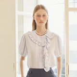 [LINE] Unbalanced Shirring Frill Blouse (Sky Blue) (6696317091958)