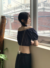 ミネンデニムオフショルダークロップド半袖ブラウス / Minen Denim Off Shoulder Cropped Short Sleeve Blouse