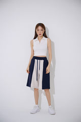TOP(9354) Collar Half Zip Up Crop Sleeveless